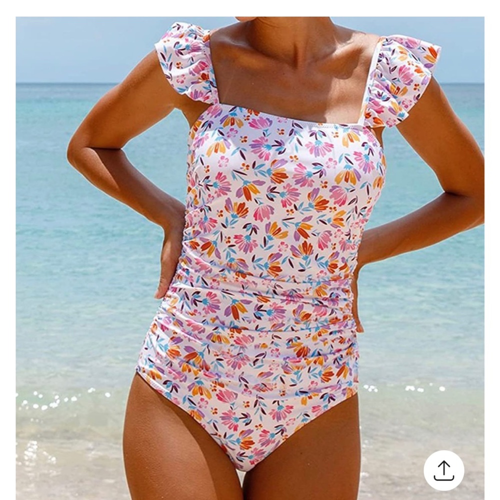 NWT Hilinker From Amazon One Piece Floral Ruffle Shoulder Ruched Sides Size XS